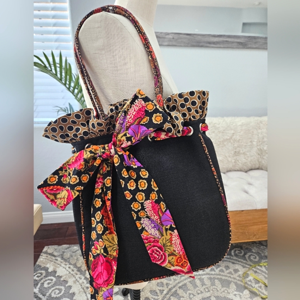 Vibrant multi pattern tote, bag floral polka dot, bow tie multi fabric Sz Large